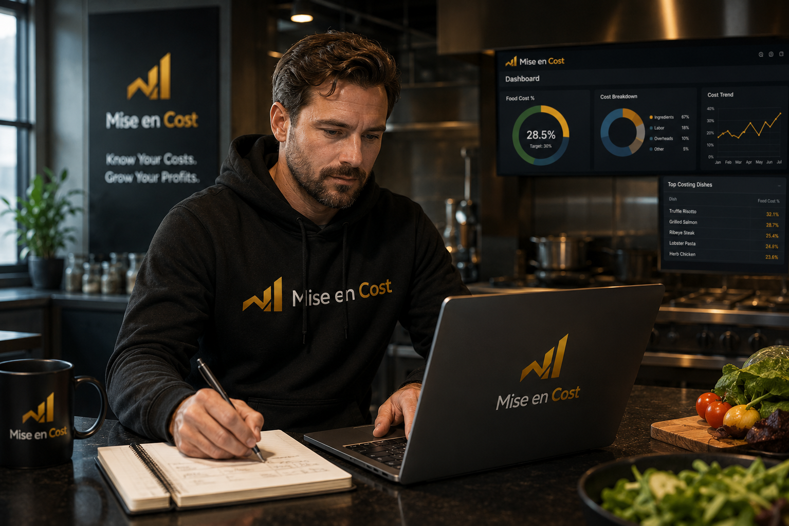 Chef using Mise en Cost on a laptop in a professional kitchen